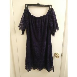 Breathless navy blue lace off-the-shoulder dress